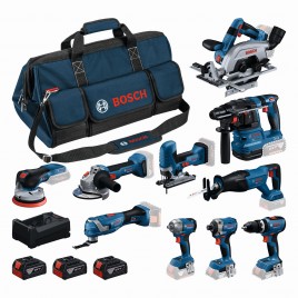 BOSCH 10-elementowy zestaw 18V GSB+GBH+GWS+GDR+GKS+GSA+GOP+GST+GDS+GEX+3x5,0Ah 0615A500EH