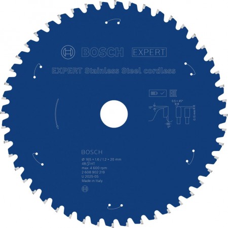 BOSCH Tarcza pilarska Stainless Steel cordless, 165 × 1,6 / 1,2 × 20 mm, T48 2608902219
