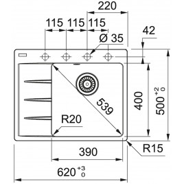 Franke Centro 611-62 TL, 620x500 mm, zlewozmywak, Fragranit+ Kamienny Szary 114.0633.134