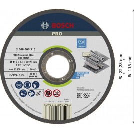 BOSCH Korundowa tarcza tnąca PRO Stainless Steel and Metal, 115 × 1,6 × 22,23mm 2608600215