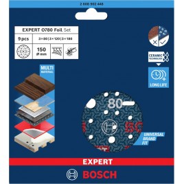 BOSCH EXPERT O780 Foil Sanding Disc Set, 150 mm, G80 (3x); G120 (3x); G180 (3x), 9 pcs