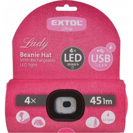 EXTOL LIGHT Czapka z oświetleniem LED 4x45lm,USB, różowa, uniwersalny rozmiar 43193