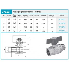 NOVASERVIS Kurek kulowy pełnoprzelotowy 1 1/4", z motylkiem JY113/32